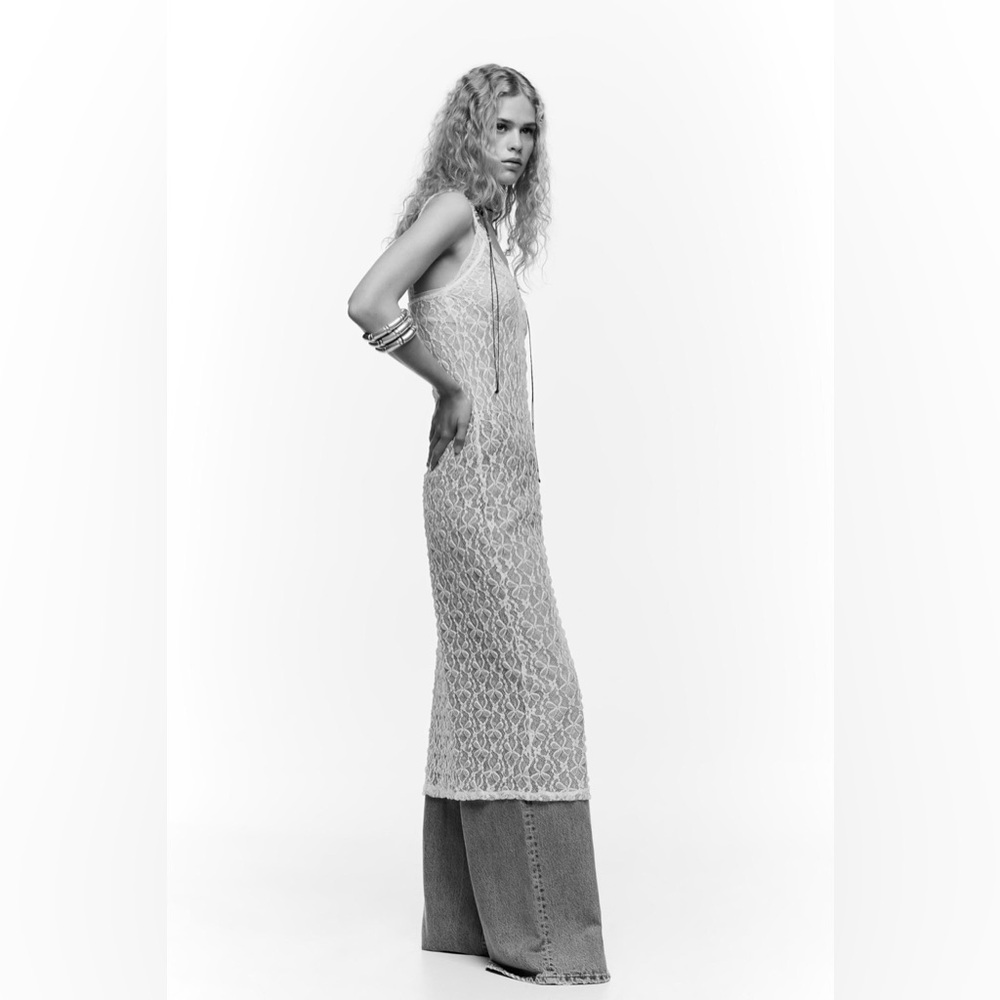 Zara Lace V-neck Semi-Sheer Midi Dress, Cream M NWT - Picture 5 of 16